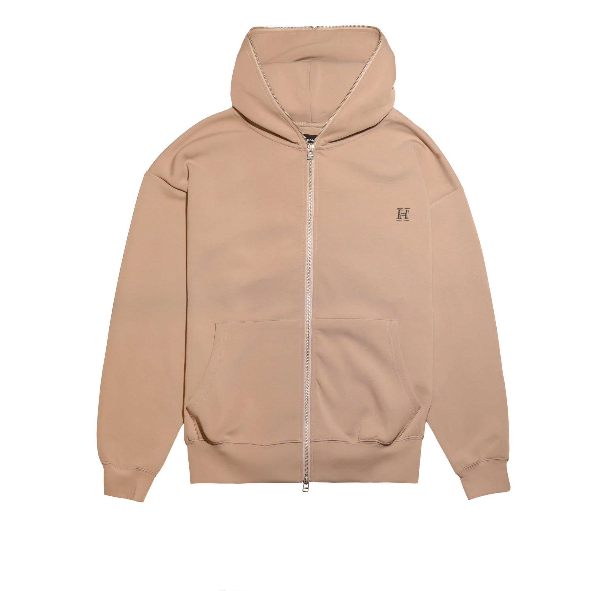 Embroidered H 2-Way Zip-Up Hoodie Latte