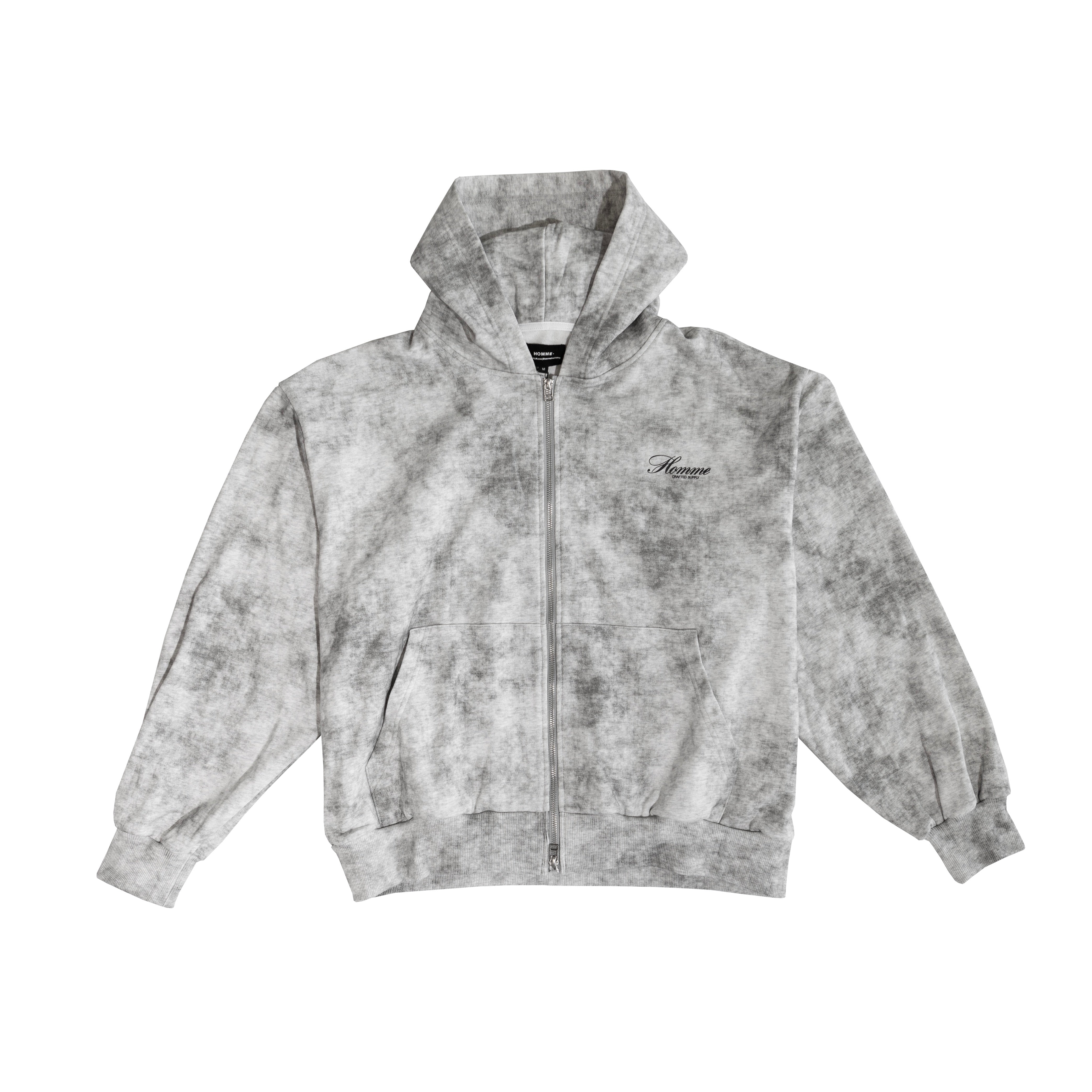 HOMME+ Stonewashed Script Zip-Up Hoodie Fog