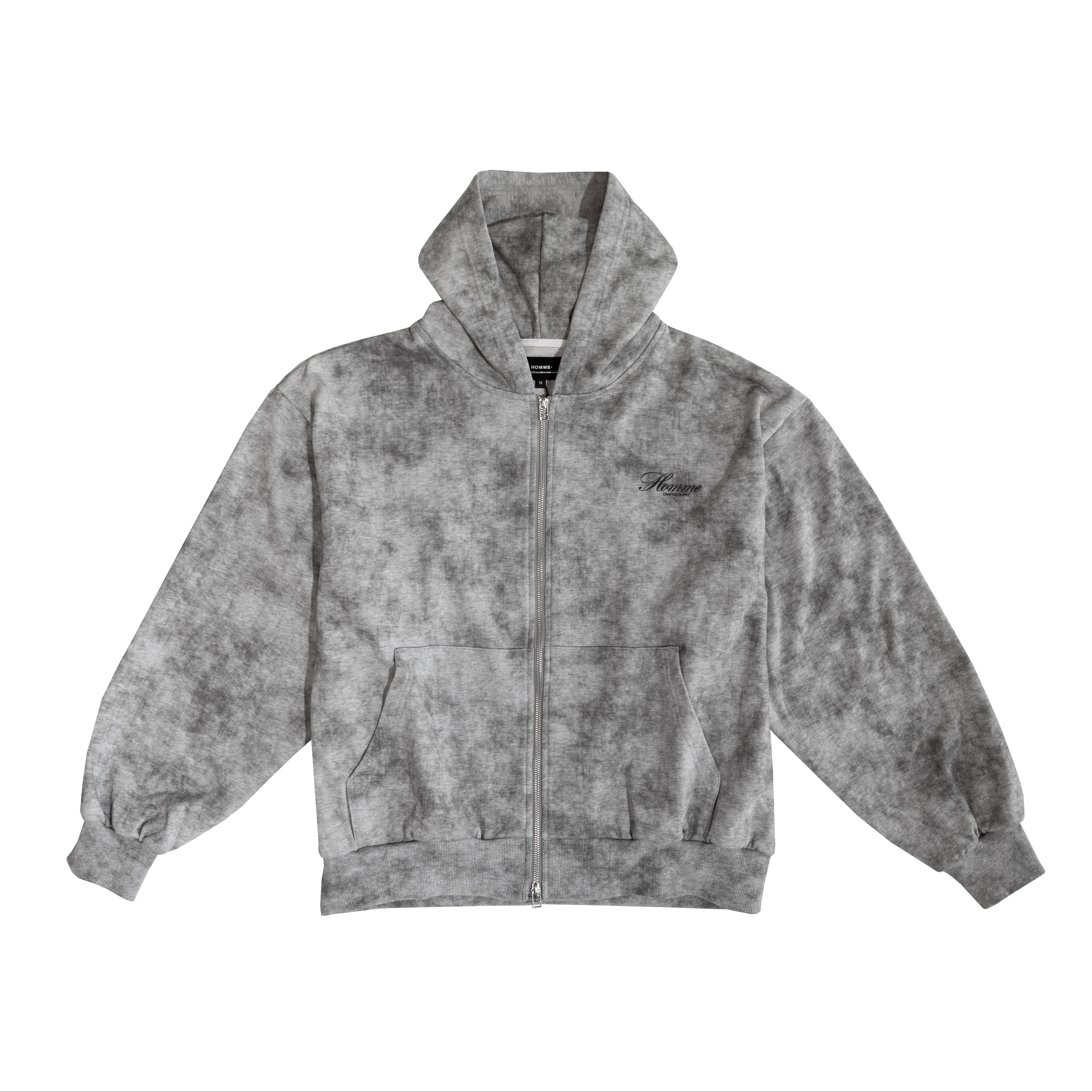 HOMME+ Stonewashed Script Zip-Up Hoodie Smoke