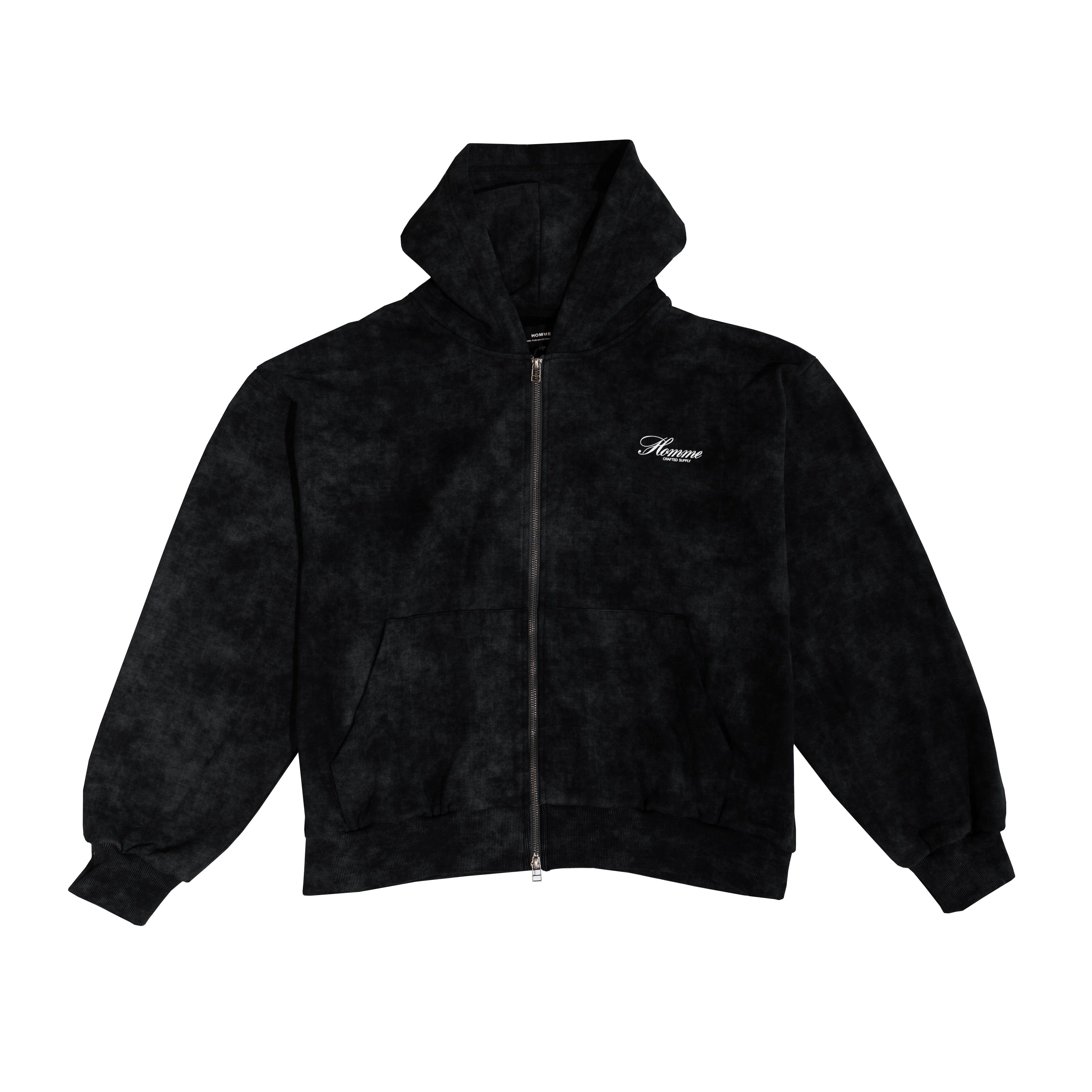 HOMME+ Stonewashed Script Zip-Up Hoodie Vintage Black