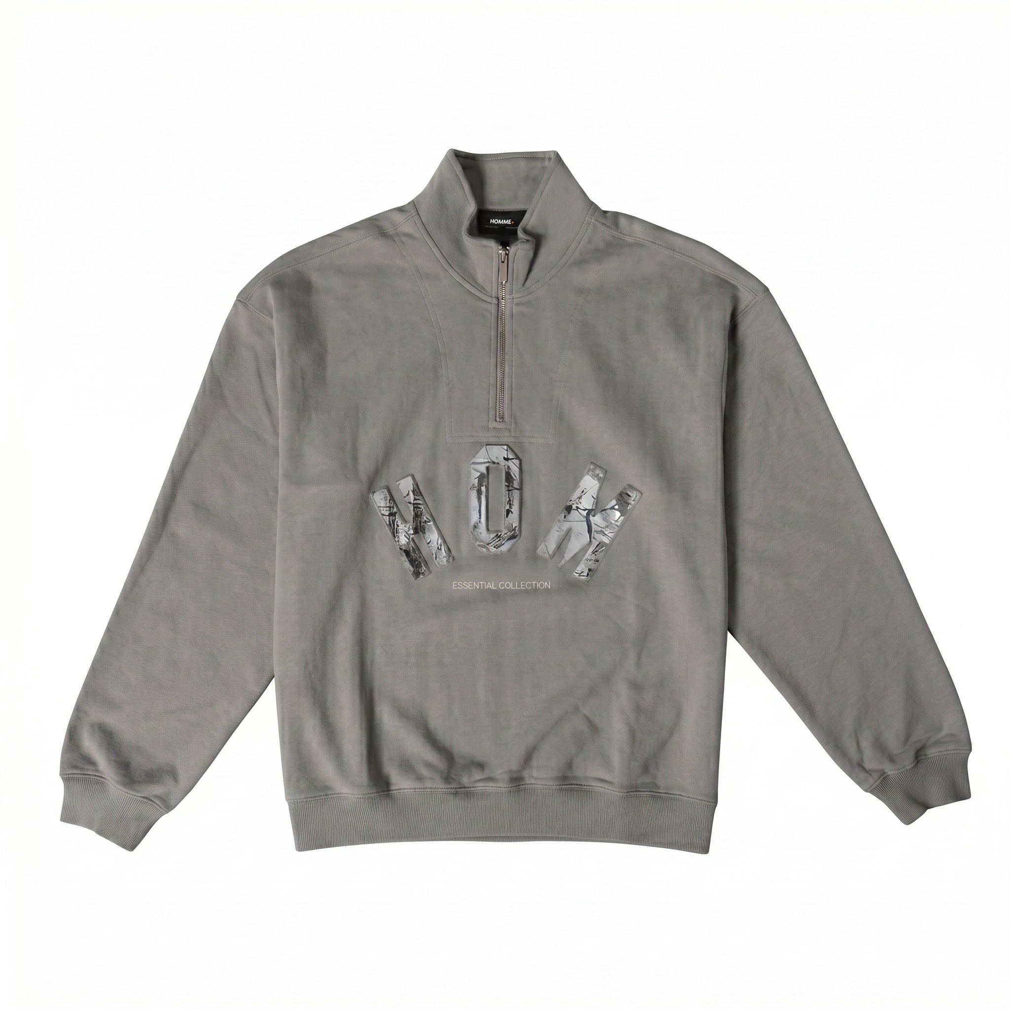 HOMME+ Raised Camo Print 1/4 Zip Pebble