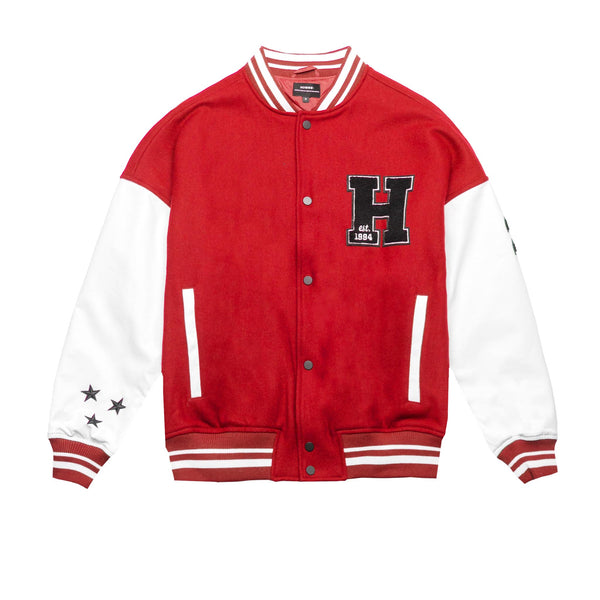 Varsity Base Letterman Hoodie Jacket, Red & White, Large 