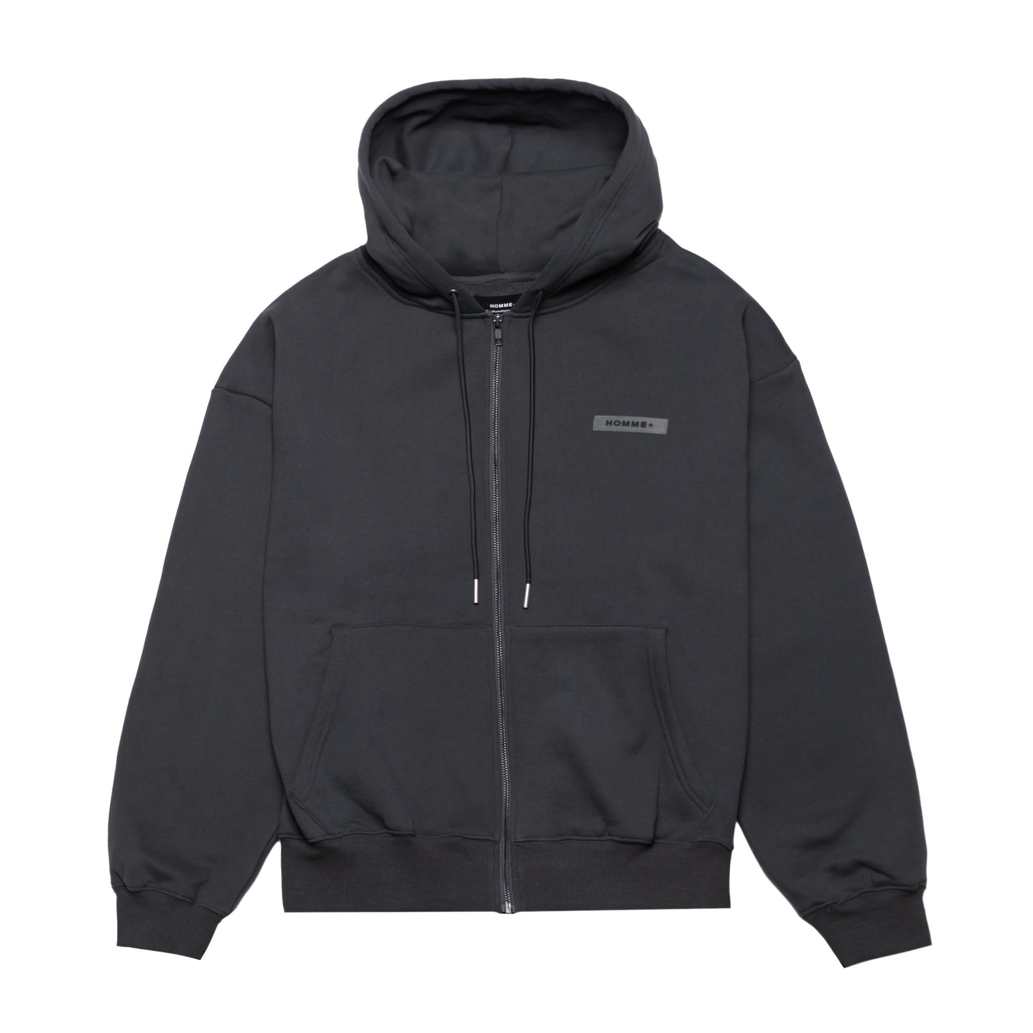 HOMME+  Zip-Up Back Patch Hoodie Charcoal