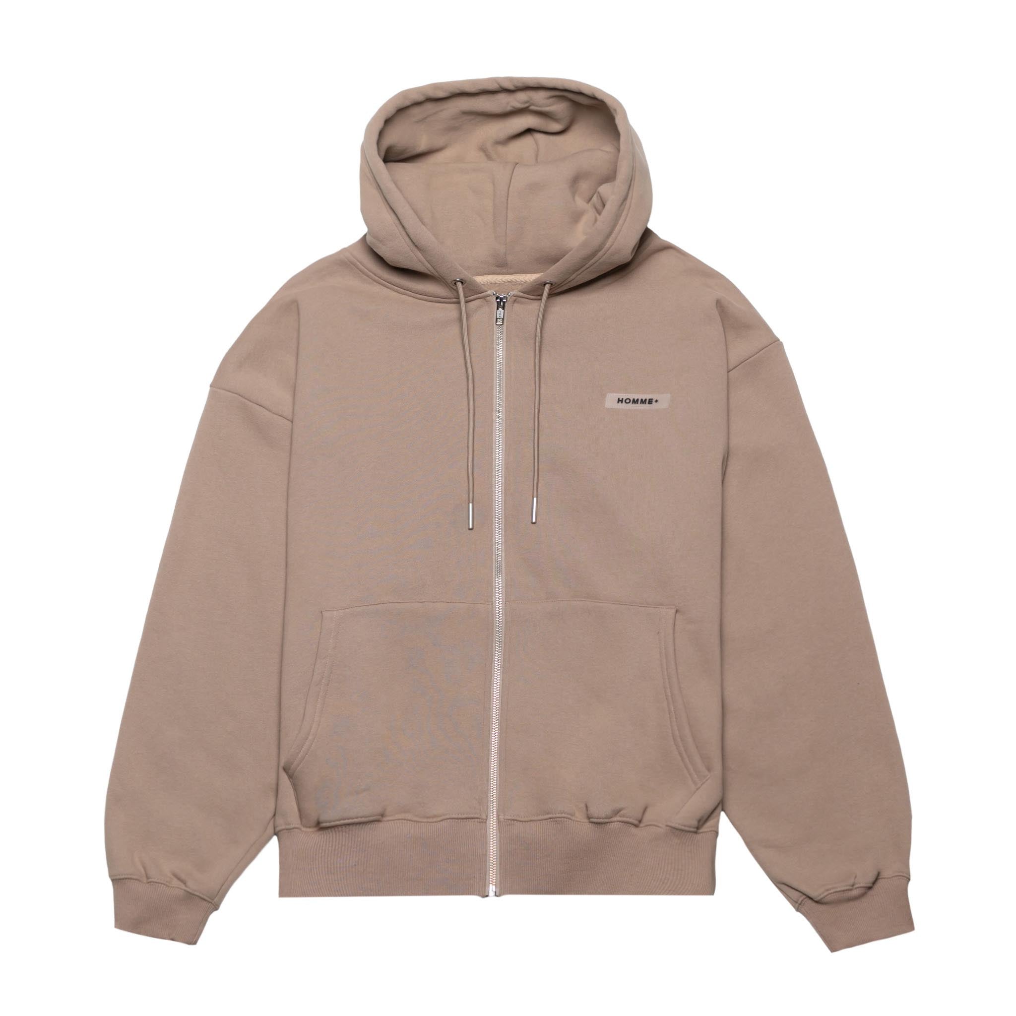 HOMME+  Zip-Up Back Patch Hoodie Latte